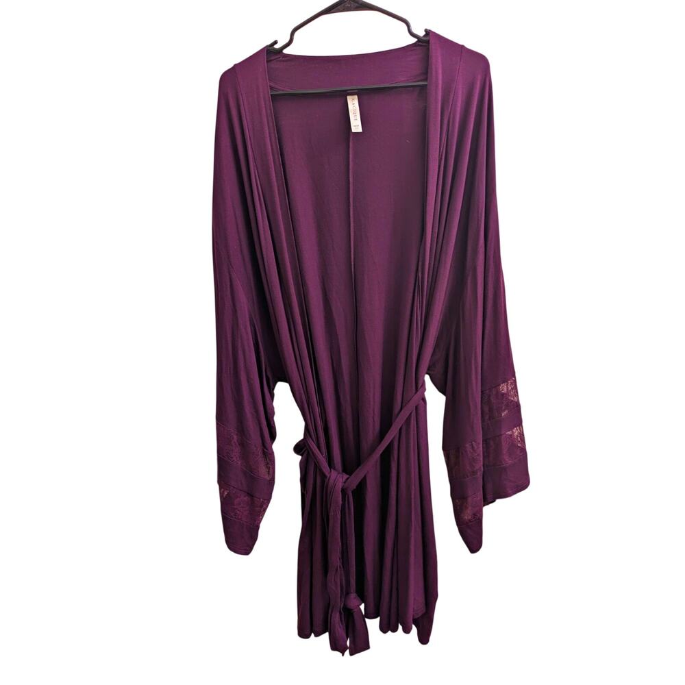 Cacique Purple Lace Trim Belted Knit Robe Tie Closure Long Sleeve Plus 18